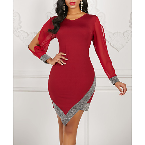 

Women's Asymmetrical Sheath Dress - Long Sleeve Color Block Sequins V Neck Elegant Wine Black Red S M L XL XXL