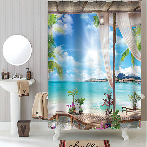 

Shower Curtains with Hooks Rustic Coconut Bay Scenery Polyester Novelty Fabric Waterproof Shower Curtain for Bathroom