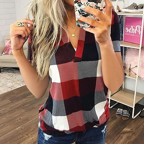 

Women's Plaid Shirt Daily V Neck Blue / Purple / Red / Yellow / Orange / Green / Gray / Light Blue