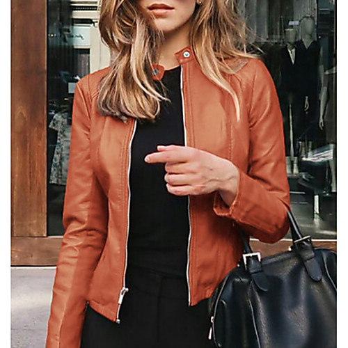 

Women's Solid Colored Fall & Winter Faux Leather Jacket Regular Daily Long Sleeve Polyester Coat Tops Black