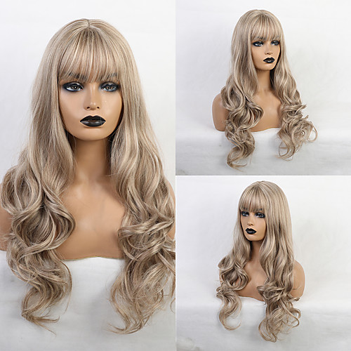 

Synthetic Wig Bangs Curly Body Wave Side Part Neat Bang With Bangs Wig Long Light Brown Synthetic Hair 24 inch Women's Cute Cosplay Women Light Brown HAIR CUBE