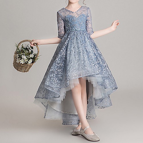 

Ball Gown Asymmetrical Pageant Flower Girl Dresses - Polyester Half Sleeve Jewel Neck with Appliques