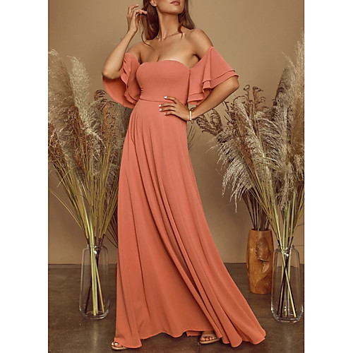 

A-Line Elegant Prom Formal Evening Dress Off Shoulder Short Sleeve Floor Length Chiffon with Pleats Cascading Ruffles 2020