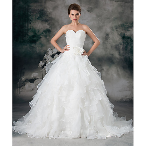 

A-Line Wedding Dresses Sweetheart Neckline Chapel Train Organza Satin Strapless with Ruched Cascading Ruffles 2021