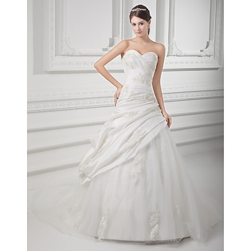 

A-Line Wedding Dresses Sweetheart Neckline Chapel Train Lace Satin Taffeta Strapless with Pick Up Skirt Ruched Beading 2021