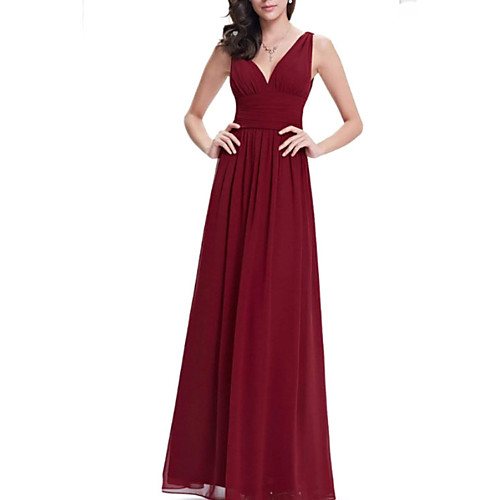

A-Line Elegant Formal Evening Dress Plunging Neck Sleeveless Floor Length Chiffon with Pleats 2021