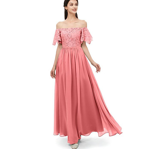 

A-Line Off Shoulder Floor Length Chiffon / Lace Bridesmaid Dress with Lace / Ruching