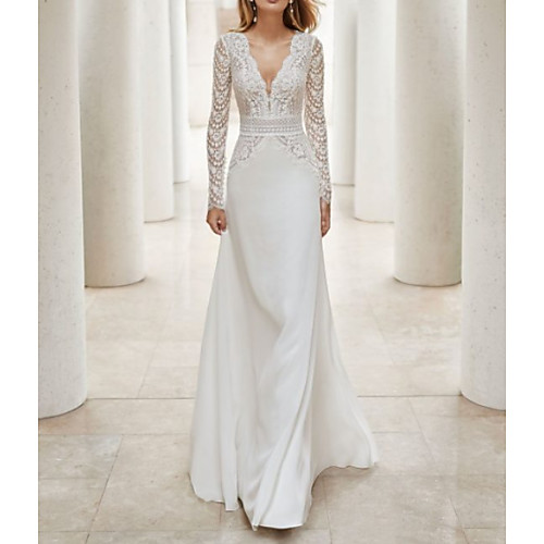 

A-Line Wedding Dresses V Neck Court Train Lace Satin Long Sleeve Illusion Sleeve with Beading Lace Insert 2020