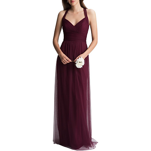 

A-Line Halter Neck Floor Length Tulle Bridesmaid Dress with Ruching