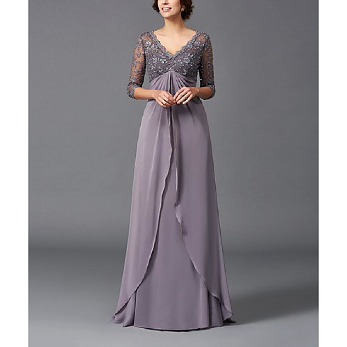 

A-Line Mother of the Bride Dress Elegant & Luxurious Plunging Neck Floor Length Chiffon Half Sleeve with Lace Ruching 2021