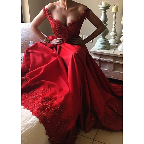 

A-Line Beautiful Back Prom Formal Evening Dress Off Shoulder Short Sleeve Court Train Satin with Beading Sequin Appliques 2021