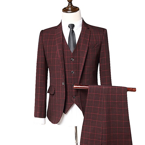 

Blue / Brown / Gray Checkered Tailored Fit Polyester Suit - Notch Single Breasted One-button / Suits