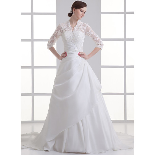 

A-Line Wedding Dresses V Neck Chapel Train Lace Satin Taffeta 3/4 Length Sleeve Illusion Sleeve with Beading Appliques Side-Draped 2021