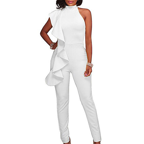 

Women's Ruffle Kentucky Derby Party / Going out Halter Neck White Black Yellow Harem Slim Bodysuit Onesie, Solid Colored Cut Out / Ruffle S M L Cotton Sleeveless Spring Summer