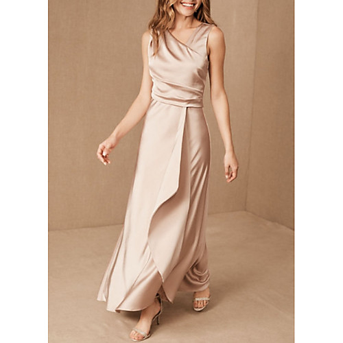 

Sheath / Column V Neck Floor Length Satin Bridesmaid Dress with Ruching