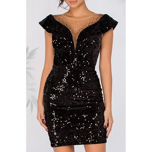 

Sheath / Column Elegant Formal Evening Dress Boat Neck Sleeveless Short / Mini Tulle Sequined with Sequin Appliques 2021