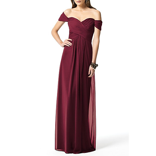 

A-Line Off Shoulder Floor Length Chiffon Bridesmaid Dress with Ruching