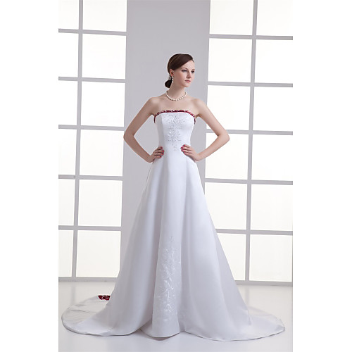 

A-Line Wedding Dresses Strapless Chapel Train Satin Strapless Wedding Dress in Color with Beading Embroidery 2021