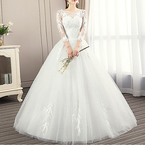 

Ball Gown Wedding Dresses Jewel Neck Sweep / Brush Train Lace 3/4 Length Sleeve Illusion Sleeve with Lace Insert Appliques 2021