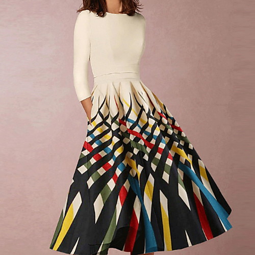 

Women's Swing Dress - 3/4 Length Sleeve Color Block Beige S M L XL XXL XXXL