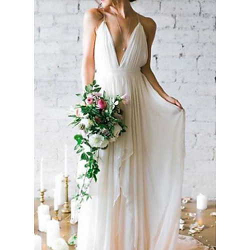 

A-Line Wedding Dresses V Neck Floor Length Chiffon Spaghetti Strap Backless with Draping 2021