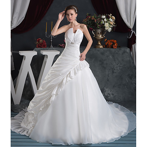 

Ball Gown Wedding Dresses Strapless Court Train Organza Taffeta Strapless with Pick Up Skirt Ruched Crystals 2021