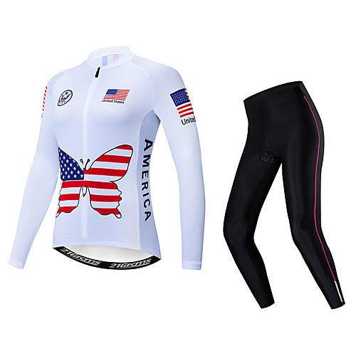 

21Grams American / USA Women's Long Sleeve Cycling Jersey with Tights - White Bike Clothing Suit Thermal / Warm Breathable Quick Dry Sports Winter Elastane Terylene Polyester Taffeta Mountain Bike