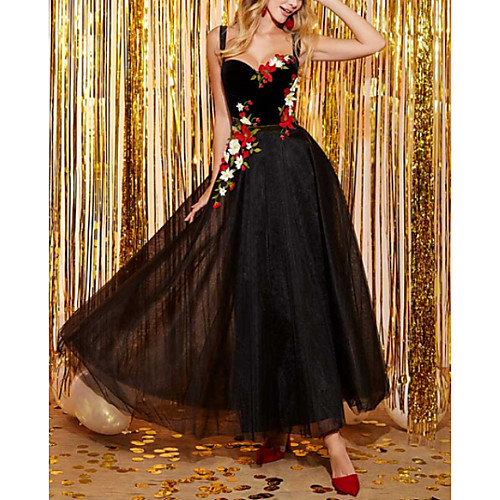 

A-Line Elegant Prom Formal Evening Dress Spaghetti Strap Sleeveless Ankle Length Tulle with Pleats Appliques 2021