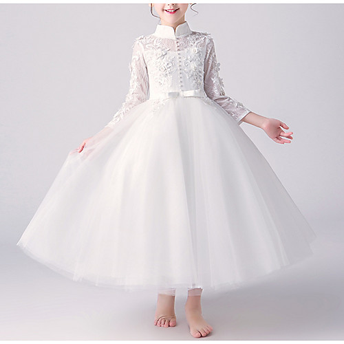 

A-Line Ankle Length First Communion Flower Girl Dresses - Tulle 3/4 Length Sleeve High Neck with Bow(s) / Beading / Appliques
