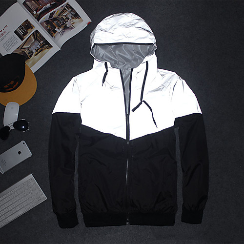 

Men's Long Sleeve Running Track Jacket Reflective Jacket Hoodie Jacket Full Zip Outerwear Jacket Hoodie High Visibility Reflective Windproof Fitness Running Jogging Sportswear BlackWhite Activewear
