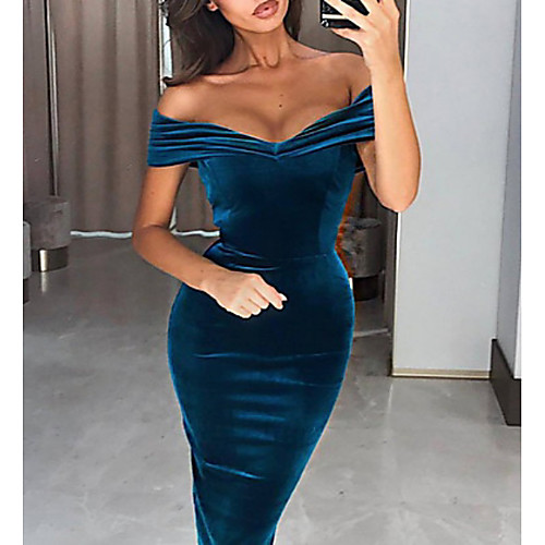 

Women's The Great Gatsby Flapper Dress - Short Sleeve Solid Colored Off Shoulder Elegant 1920s Cocktail Party Going out Velvet Wine Blue Navy Blue S M L XL XXL