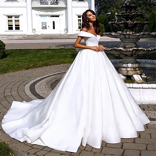 

Ball Gown A-Line Wedding Dresses Off Shoulder Cathedral Train Polyester Short Sleeve with 2021