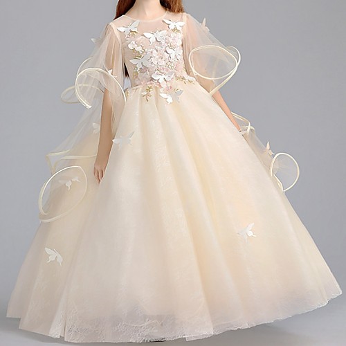 

Ball Gown Floor Length Pageant Flower Girl Dresses - Polyester Half Sleeve Jewel Neck with Appliques