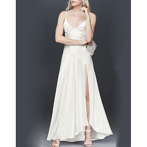 

A-Line Spaghetti Strap Floor Length Satin Bridesmaid Dress with Split Front / Open Back