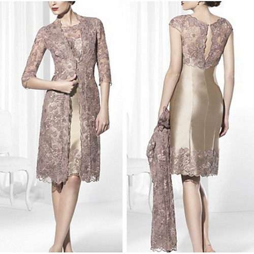 

Sheath / Column Mother of the Bride Dress Wrap Included Jewel Neck Knee Length Lace Satin Half Sleeve with Lace 2021
