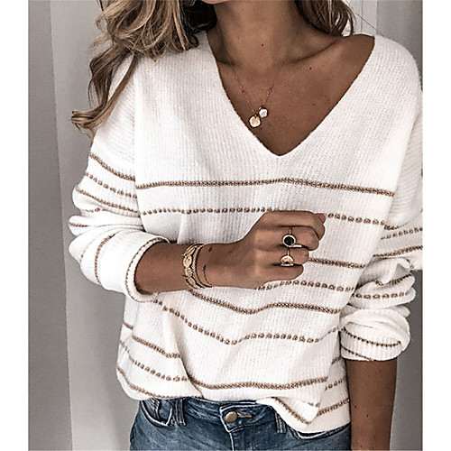 

Women's Solid Colored Long Sleeve Pullover Sweater Jumper, V Neck Black / White / Purple S / M / L