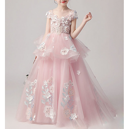 

Ball Gown Floor Length Pageant Flower Girl Dresses - Tulle Short Sleeve Spaghetti Strap with Appliques / Cascading Ruffles