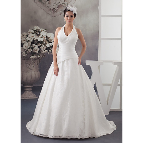 

A-Line Wedding Dresses Halter Neck Court Train Lace Satin Spaghetti Strap with Ruched 2021
