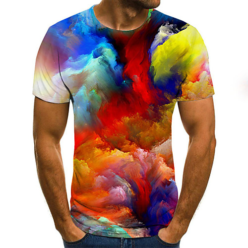 

Men's Abstract Graphic Print Slim T-shirt Daily Round Neck Rainbow / Summer / Short Sleeve