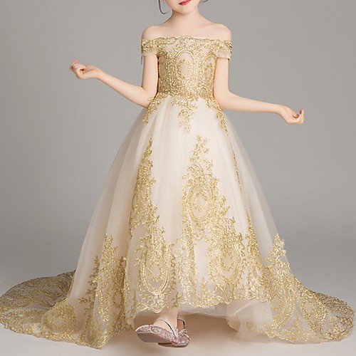 

Ball Gown Sweep / Brush Train Pageant Flower Girl Dresses - Polyester Short Sleeve Off Shoulder with Pattern / Print