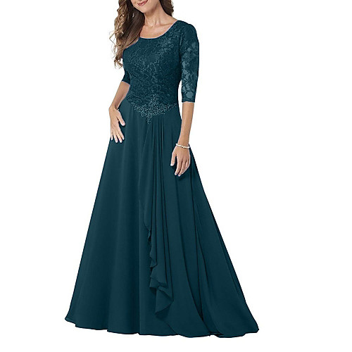 

A-Line Mother of the Bride Dress Elegant & Luxurious Jewel Neck Floor Length Chiffon Lace Half Sleeve with Beading Ruching 2021