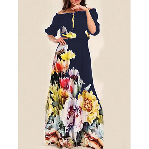 

Women's Maxi Swing Dress - Half Sleeve Floral Print Off Shoulder Basic Navy Blue S M L XL