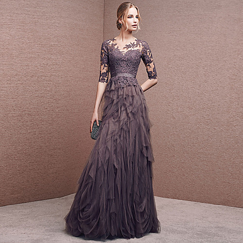 

A-Line Empire Wedding Guest Formal Evening Dress Illusion Neck Half Sleeve Floor Length Lace Tulle with Appliques 2021