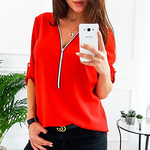 

Women's Solid Colored Shirt Daily V Neck Wine / White / Black / Red / Blushing Pink
