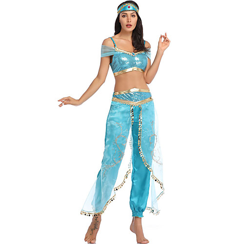 

Princess Jasmine Dress Headpiece Masquerade Women's Movie Cosplay Cosplay Halloween Blue Top Pants Headwear Halloween Carnival Masquerade Tulle Polyster