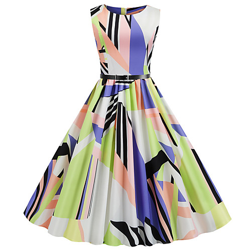 

Women's Swing Dress Rainbow Sleeveless Geometric Print Round Neck Basic Vintage S M L XL XXL
