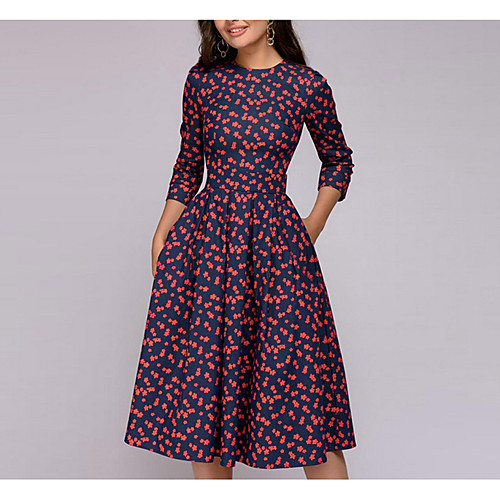 

Women's A Line Dress - 3/4 Length Sleeve Floral Print Spring Going out Red S M L XL XXL