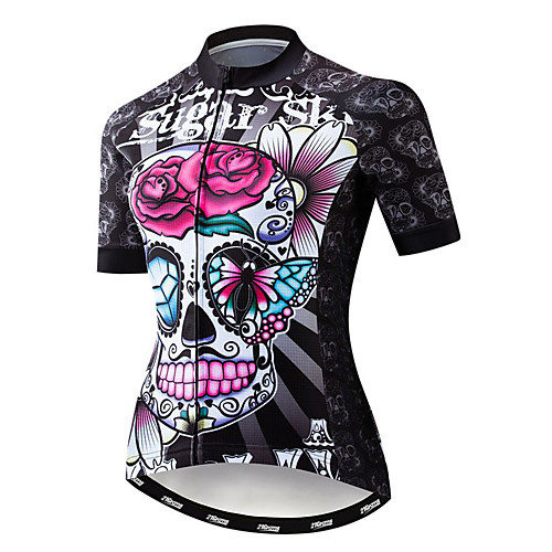 

21Grams Sugar Skull Women's Short Sleeve Cycling Jersey - Fuchsia Bike Jersey Top Breathable Quick Dry Moisture Wicking Sports Elastane Terylene Polyester Taffeta Mountain Bike MTB Road Bike Cycling