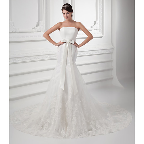 

Mermaid / Trumpet Wedding Dresses Strapless Chapel Train Lace Satin Tulle Strapless with Bow(s) Buttons Beading 2021