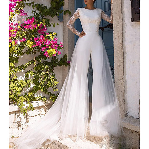 

Jumpsuits Wedding Dresses Jewel Neck Court Train Lace Tulle Polyester Long Sleeve Illusion Sleeve with Appliques 2021
